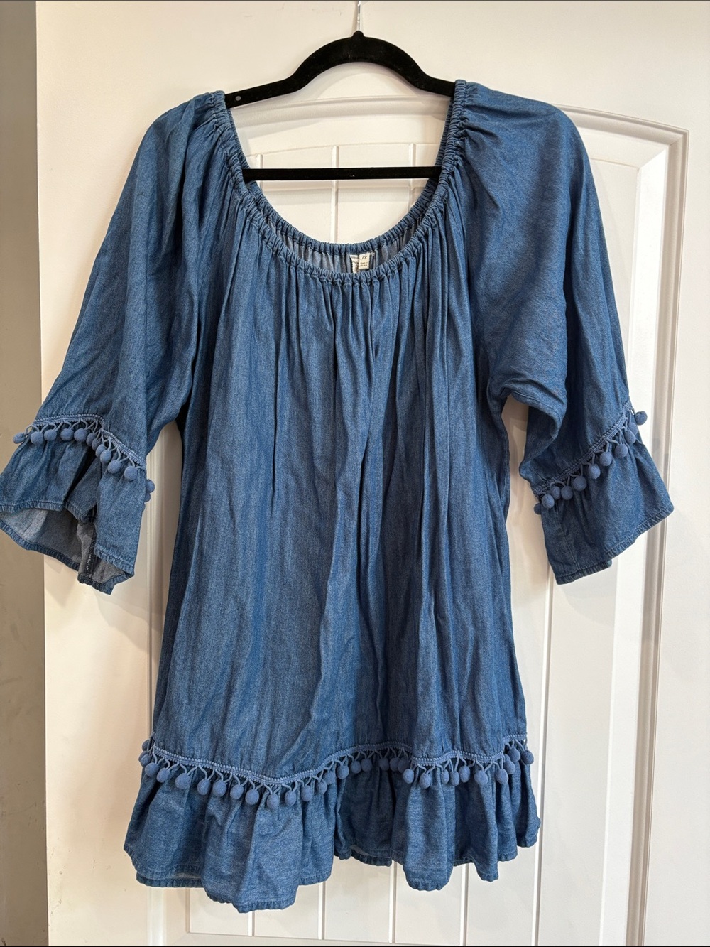 Anthropologie Grand & Greene Soft Blue Denim Off-Shoulder Top
